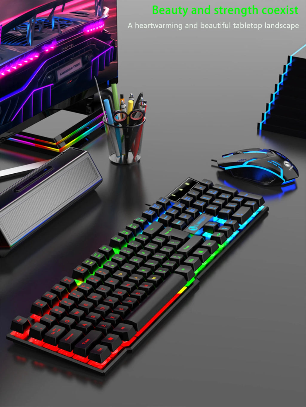 RGB Backlit Wired Gaming Keyboard Mouse Set,Mechanical Feel, Floating High Key Cap,Compatible with Computers, Laptops