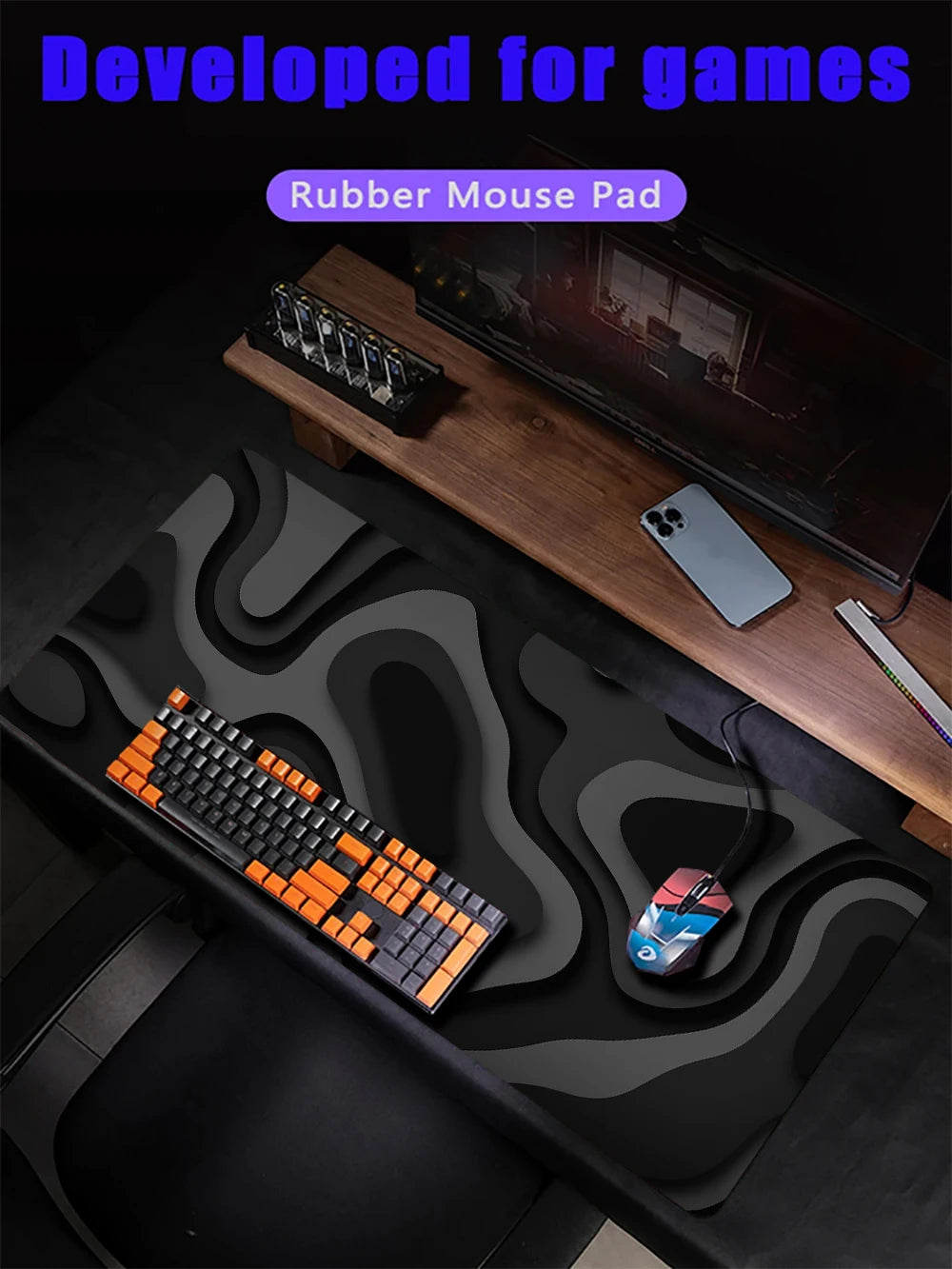 Black and Grey Abstract Art Pattern Design Mouse Pad Desk Mat with Stitched Edge Rubber Anti-Slip Gaming Mat Keyboard Mouse Pads