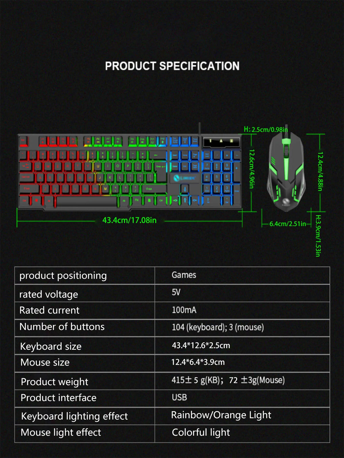 RGB Backlit Wired Gaming Keyboard Mouse Set,Mechanical Feel, Floating High Key Cap,Compatible with Computers, Laptops